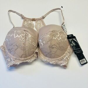 Kathy Ireland Push-Up Bra Racerback Underwire Size 36D Lurex Lace‎ Beige NEW